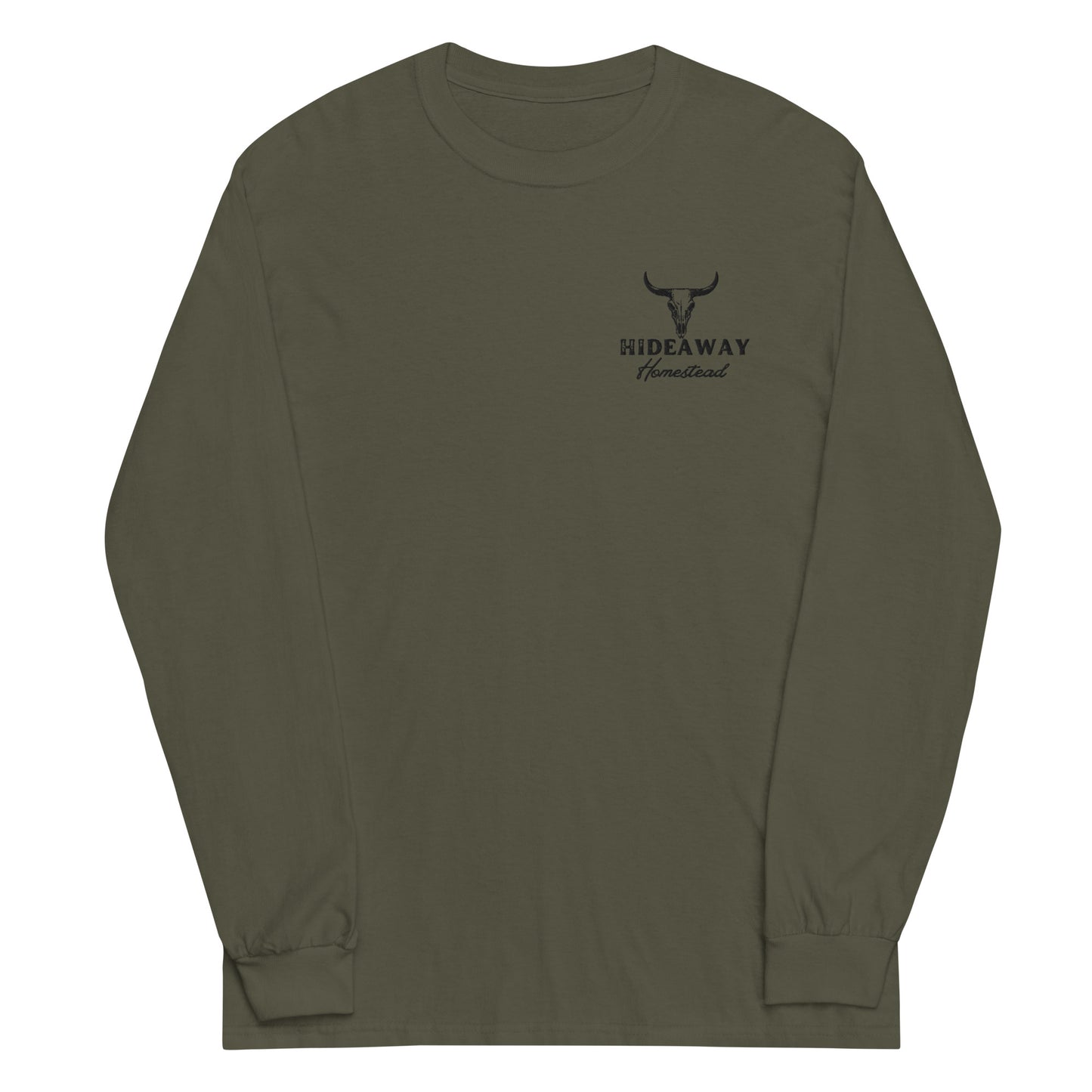 Product mockup “Hideaway Homestead embroidered logo on long sleeve shirt”
“Off-grid ranch apparel – Hideaway Homestead long sleeve”
“Durable cotton long sleeve with embroidered logo”