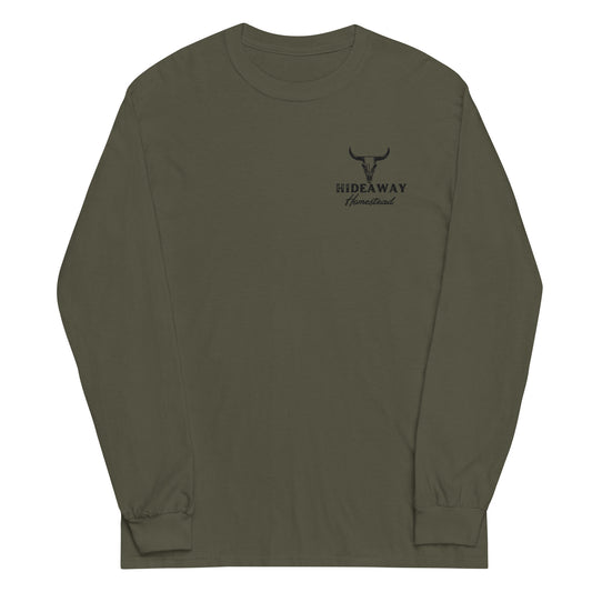 Product mockup “Hideaway Homestead embroidered logo on long sleeve shirt”
“Off-grid ranch apparel – Hideaway Homestead long sleeve”
“Durable cotton long sleeve with embroidered logo”