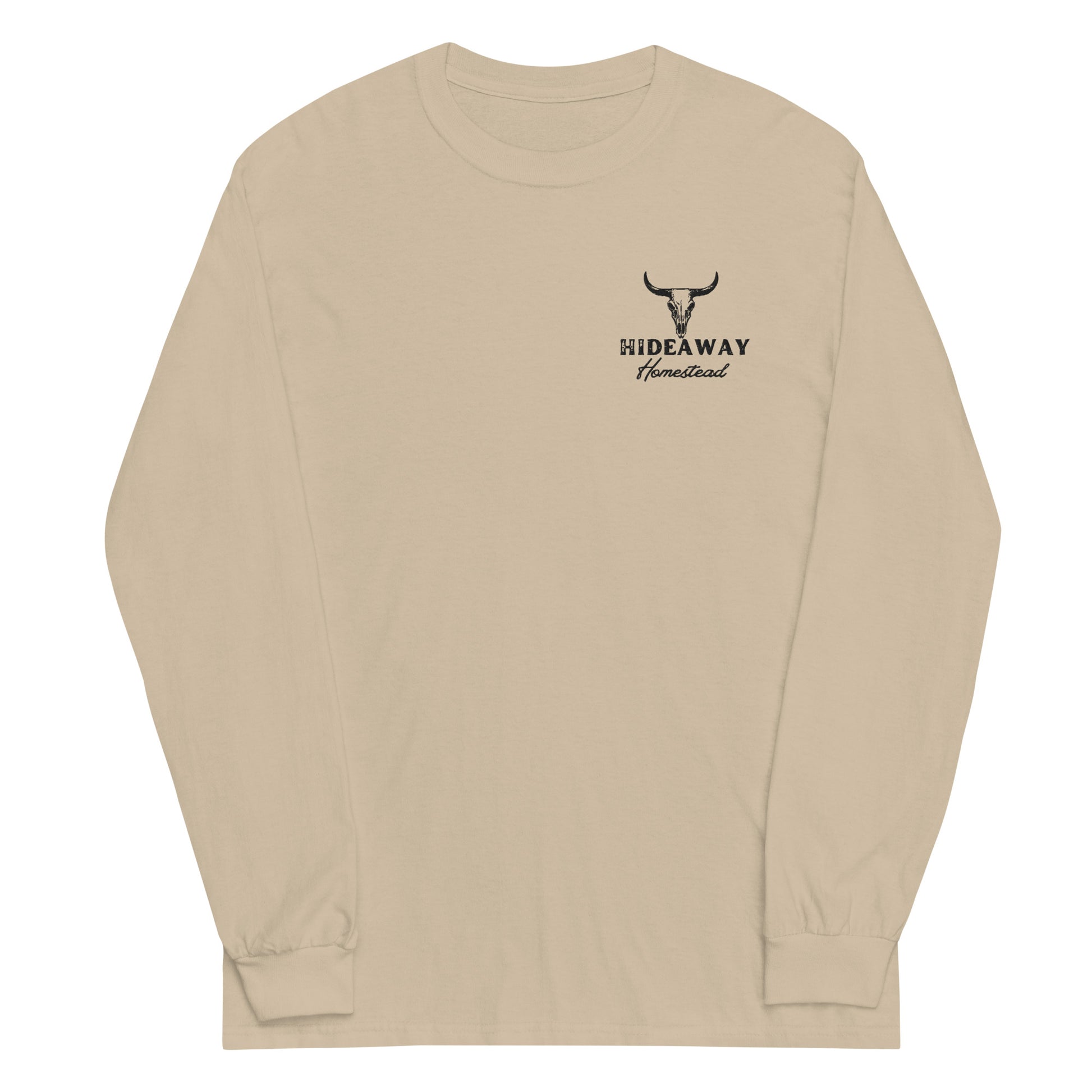 Product mockup “Hideaway Homestead embroidered logo on long sleeve shirt”
“Off-grid ranch apparel – Hideaway Homestead long sleeve”
“Durable cotton long sleeve with embroidered logo”
